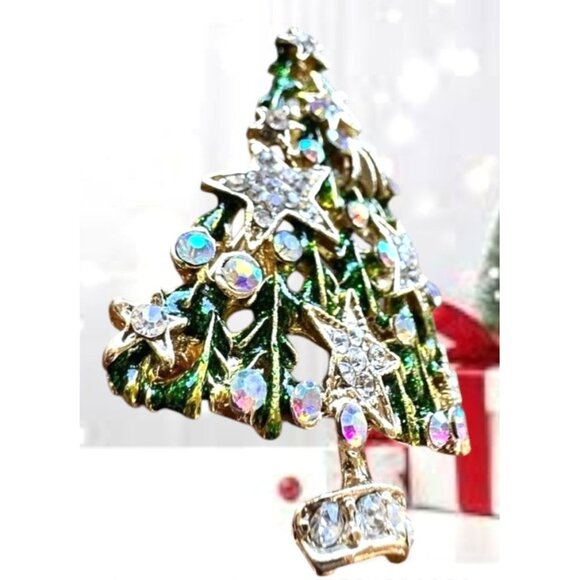 Christmas Tree Brooch Pin New Aurora Borealis Rhinestones Stars Northern… - Picture 3 of 12
